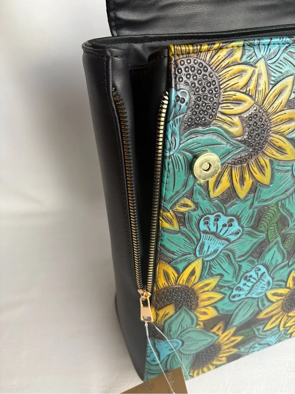 Handpainted Floral Sunflower Vegan Leather Backpack - Black & Teal